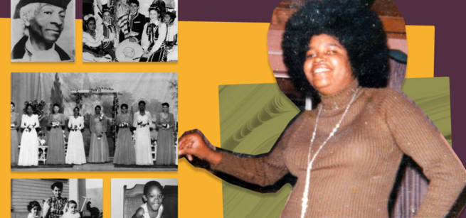 Collage of woman smiling, holding photographs against white, plum, olive green background.