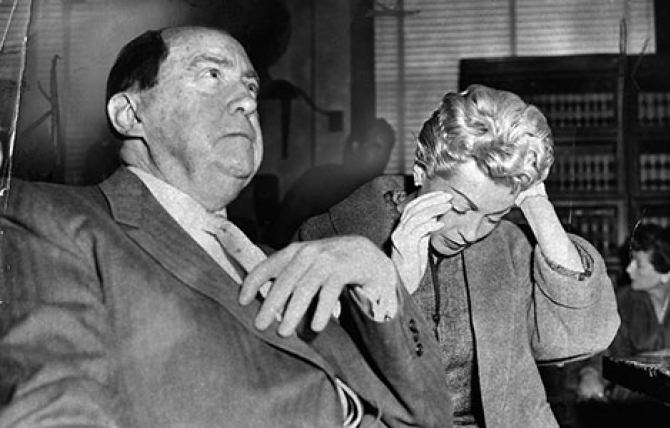 An anxious Lana Turner, seated next to attorney Jerry Giesler, cannot hide her anxiety as she waits to be called to the witness stand in the murder trail of her daughter Cheryl Crane.