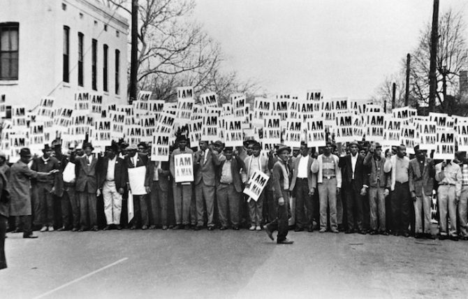 Ernest C. Withers. Sanitation Workers Assembling for a Solidarity March, Memphis, March 28, 1968. National Museum of African American History and Culture, Smithsonian Institution.