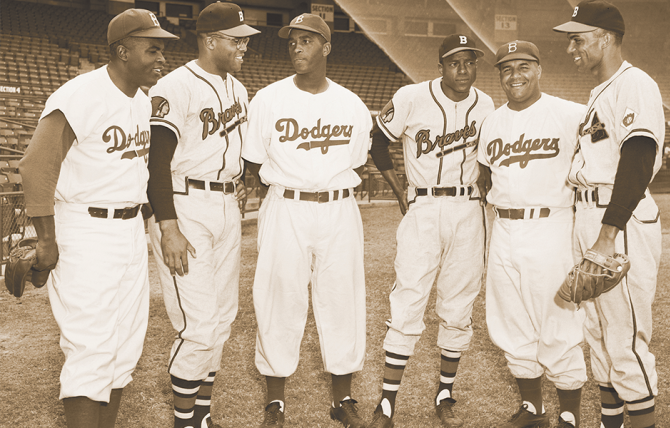 From (l.-r.): Jackie Robinson, George Crowe, Joe Black, Sam Jethroe, Roy Campanella and Bill Bruton were dynamic Negro Leagues and Major League players.