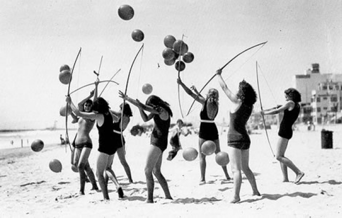 Young ladies enjoying one of several summer activities that took place at Santa Monica beach.