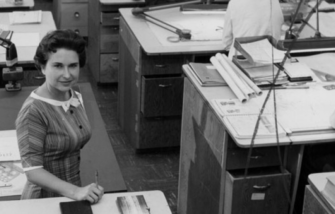 Betty Edwards of Canoga Park is UCLA engineer. Her work is designing installation of electrical utilities throughout Rocketdyne facilities in Valley. Women play important part in company's space age. 1959. 