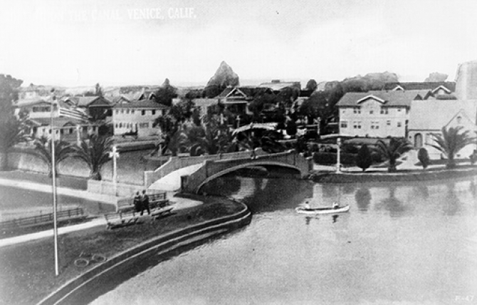 What would one day become the intersection of Main and Windward in Venice was at one time a picturesque landscape of canals dreamed up by Abbot Kinney. Security Pacific National Bank Collection, 1922.