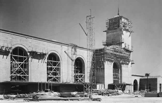 Union Station nearing completion, 1938. (Security Pacific National Bank Collection)
