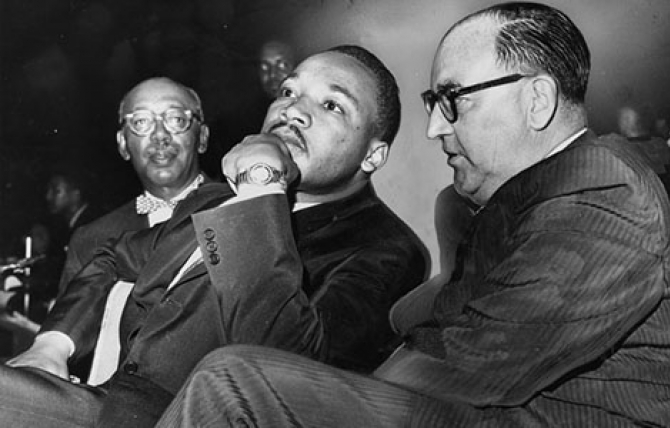 Martin Luther King and Governor Edmund G. Brown during a Freedom Rally at the Los Angeles Sports Arena on June 18, 1961. 