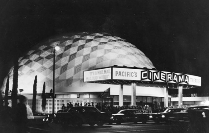 The Cinerama Dome (1963) shown at the time of its opening. The geodesic dome, built as a prototype Cinerama, a widescreen projection process, was threatened with demolition in 1998. (Security Pacific National Bank Collection)