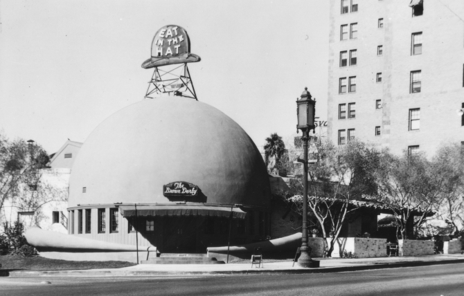 The Brown Derby. Security Pacific National Bank Photo Collection. Exterior view of the Brown Derby Restaurant on Wilshire Boulevard at Alexandria Avenue.