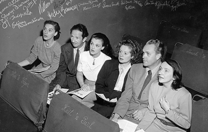 Turnabout mainstays Dorothy Neumann, Harry Burnett, Frances Osborne, Elsa Lanchester, Forman Brown, and Lotte Gosler are shown seated in the Turnabout Theatre in the 1940s. Photo by Otto Rothschild.