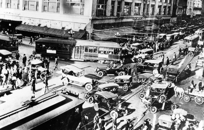 Traffic jam at 7th Street and Broadway, circa 1915. Los Angeles embraced cars so fervently that the city soon ranked second to New York in the number of cars on its streets. (Security Pacific National Bank Collection)