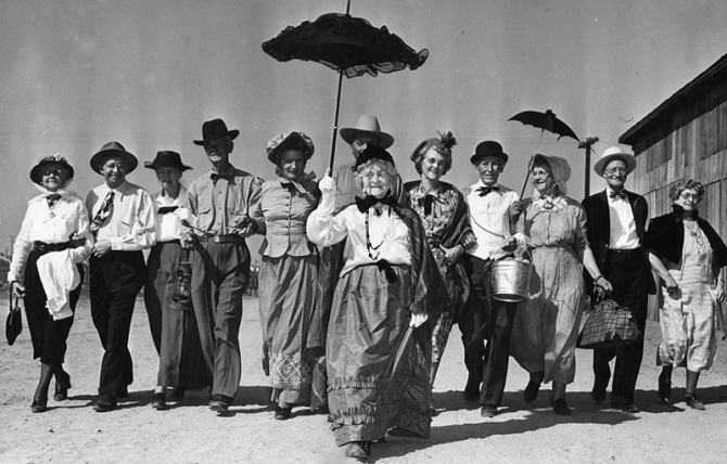 North Hollywood's Pioneers proudly display their costumes as they prepare to descend upon their annual picnic. October 18, 1948.