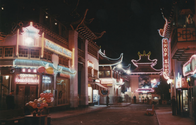 Constructed after the demolition of the city’s original Chinatown district, "New Chinatown" was a pre-Disneyland Adventureland of souvenir stands and daring restaurants. (1940s, Security Pacific National Bank Collection)