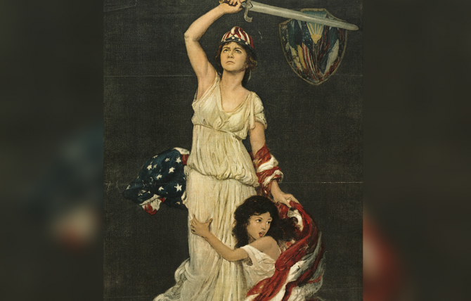 Girl, symbolizing Near East, clinging to woman with sword and U.S. flag, symbolizing America / Douglas Volk (1918).