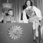 Nina Bara as Tonga uses her feminine wiles on the Secretary General of the United Planets of the Universe, played by Jack Vosper, in an attempt to sabotage his plans for the world’s future, in KECA Channel 7’s Space Patrol. Valley Times Collection, 1950