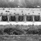 Cat faces painted on storm drain tension lids along the Burbank-Glendale section of the 5 freeway were a precursor – and inspiration – to the iconic River Catz painted by Chicano artist Leo Limón over many decades beginning in the 1970s. (1960, Gordon Dean/Valley Times Collection)