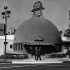 The Wilshire Brown Derby(1936 - 1985) was one of several locations in the restaurant chain, and the only one in the shape of a hat. (Circa 1930s, Security Pacific National Bank Collection)