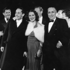 Irving G. Thalberg, Norma Shearer, and L. B. Mayer at the premiere of Great Ziegfeld in 1936, at the Carthay Circle Theatre. Behind the powerful trio stands head of publicity Howard Strickling and actor Leslie Howard. 1936 – Herald Examiner Collection