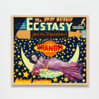 painting of night sky with a woman draped over a crescent moon. 