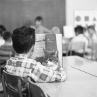 The school cat named Room 8 sits with a student reading a book in a classroom at Elysian Heights Elementary School in Echo Park.