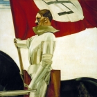 Hubert Lanzinger’s Der Bannerträger (The Standard Bearer) is one of almost 10,000 works of German military and Nazi propaganda art the US Army seized after the war as part of the effort to denazify German society. This and 400 other Nazi-era artworks still considered politically charged remain in the US Army’s custody today. Oil on wood, ca. 1934–36. —US Army Center of Military History, Washington, DC