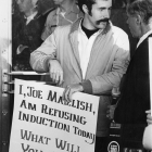 Joe Maizlish at Induction Refusal, 1968. Black and white photograph, 7.5 x 9.5 inches, L.A. Resistance Collection, Los Angeles Public Library