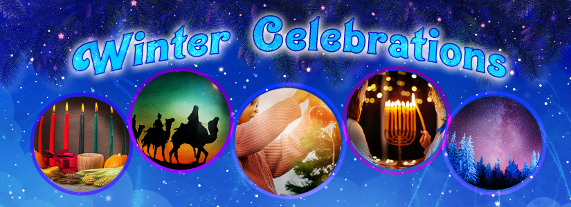 vignettes of winter holiday and seasonal images in circles