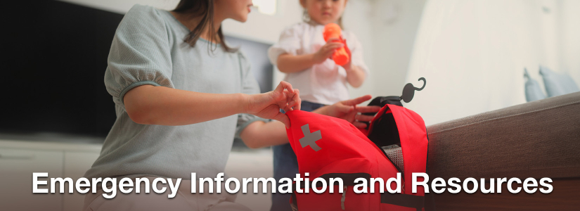 A woman fills a red backpack with a child holding a water bottle. Text reads "Emergency Info and Resources"