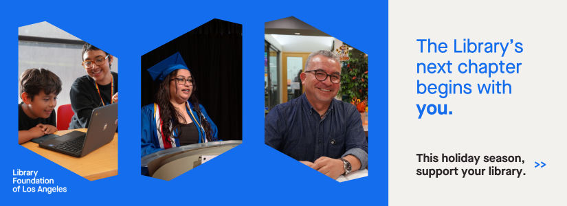 various photos of library patrons smiling and text that reads "the library's next chapter begins with you"