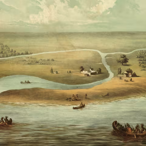 Painting of a native americans conducting trade by boat.