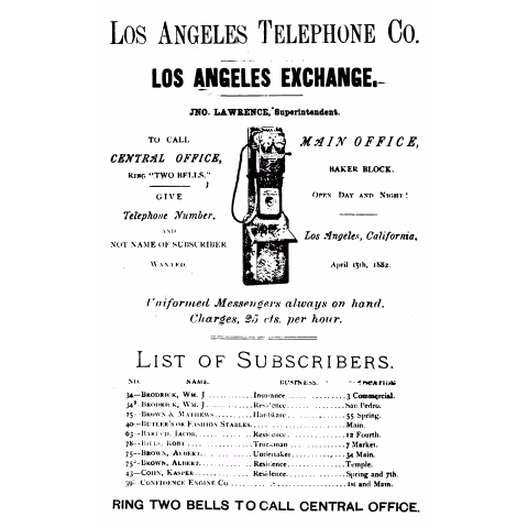 A page from the Los Angeles Telephone Company directory from 1882.