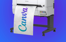 A poster printer printing the logo Canva on a blue background