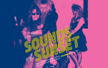 black and white photo with pink filter and Sounds of Sunset text