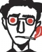 line drawing of a man with glasses and smoking a cigarette in black and red