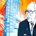 Colorful illustration of Young Oak Kim and a Los Angeles school named after him