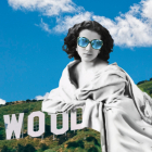 Sarah Bernhardt larger than life merged with a phto of the hollywood sign