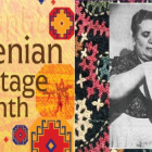 Armenian Heritage Month banner side-by-side with black and white photo of a woman preparing a dough for a recipe. Image courtesy of Dining in Diaspora.