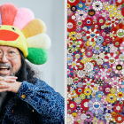Artist, Takashi Murakami, next to a piece of his artwork.