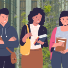 Illustrated young people walk together while carrying books and computers