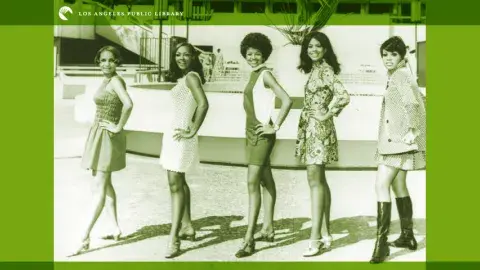 Five women pose in front of the Los Angeles County Museum of Art in 1968