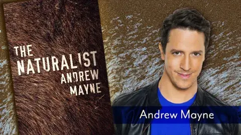 photo of the author Andrew Mayne on the right side, and book cover for The Naturalist on the left side. All one graphic.