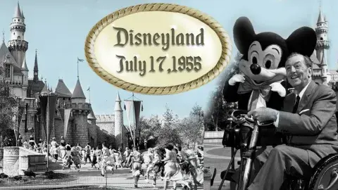 Walt Disney with Mickey Mouse and sleeping beauty's castle