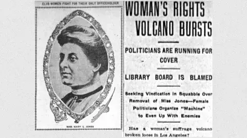 Los Angeles Herald headline from July 24, 1905 reads "woman's rights volcano bursts"