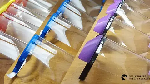 Face shields made by 3D printing machines in LAPL's Octavia Lab.