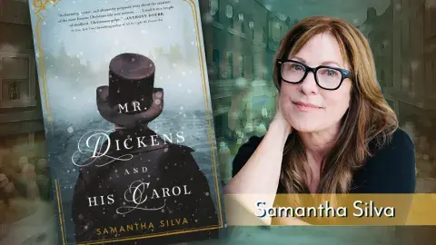 graphic on leftside is the book cover of Mr. Dickens and His Carol and right side is a photograph of Samantha Silva