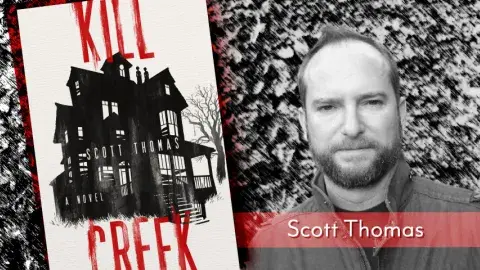 an image of the Kill Creek book cover and the left side, and the right side a black and white photograph of the author Scott Thomas.