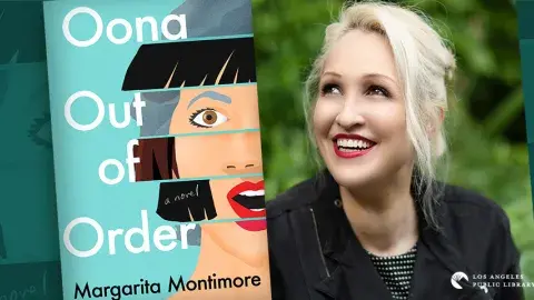 Author Margarita Montimore with her debut novel, Oona Out of Order