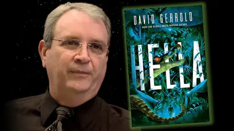 Author David Gerrold and his latest book, Hella