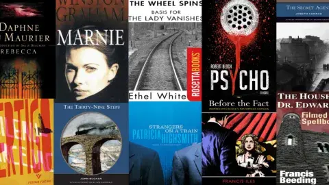 Collage of ten novels that influenced Alfred Hitchcock's best films