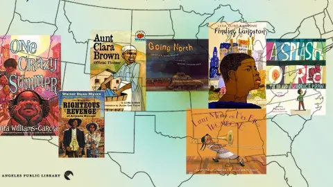 Collage of featured books on the map of United States