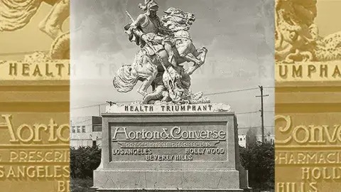 A roadside statue advertising Horton & Converse prescription pharmacists, Los Angeles, Hollywood, Beverly Hills, 1920s. Security Pacific National Bank Collection