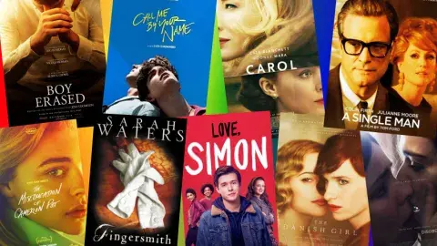 Collage of films adapted from books on LGBTQIA themes